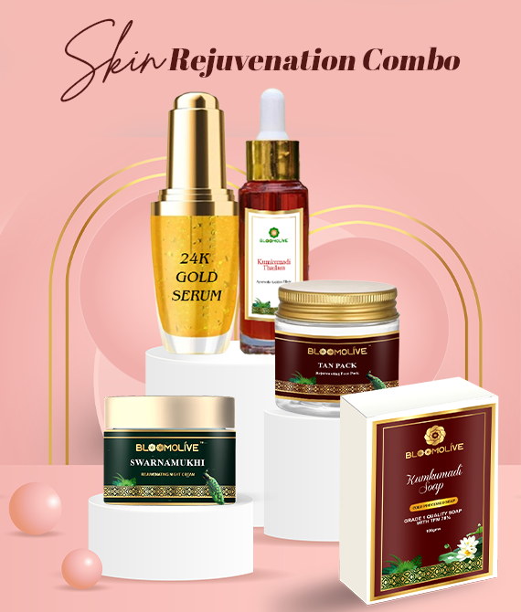 Skin Rejuvenation Combo | Kumkumadi Tailam – 30ml, 24k gold serum – 30ml, Tan removal pack – 50gm, Kumkumadi soap – 100gm